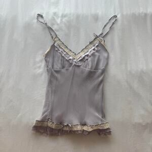 Gold hawk light purple lace cami top with ruffled trim and bow detail